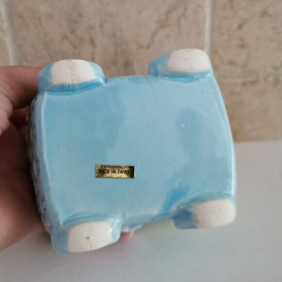 Blue Baby Carriage Ceramic Planter Vintage Nursery Decor Baby Shower Gift - Picture 6 of 10